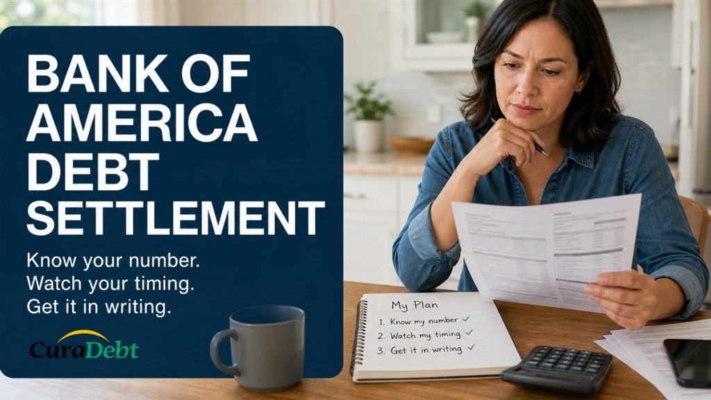 Consumer reviewing a credit card statement, calculator and three-step settlement-planning checklist.