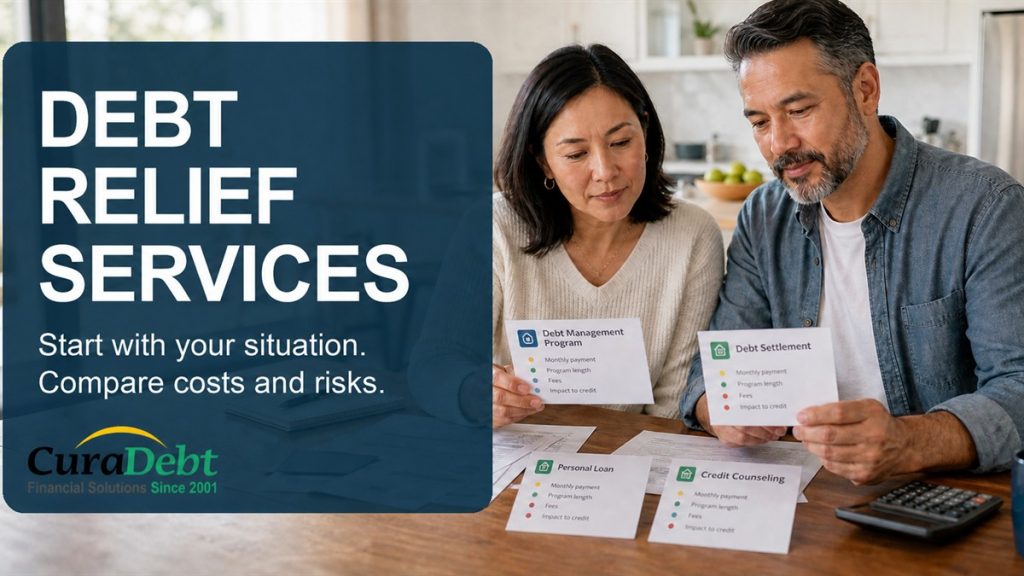 Couple reviewing debt-relief service cards and household documents beneath the headline, “Debt Relief Services.”