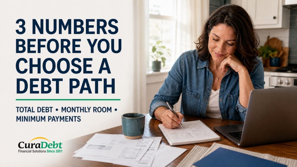 Woman reviewing household bills and a monthly budget at a kitchen table, with a three-number debt checklist and the CuraDebt logo.
