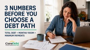 Woman reviewing household bills and a monthly budget at a kitchen table, with a three-number debt checklist and the CuraDebt logo.