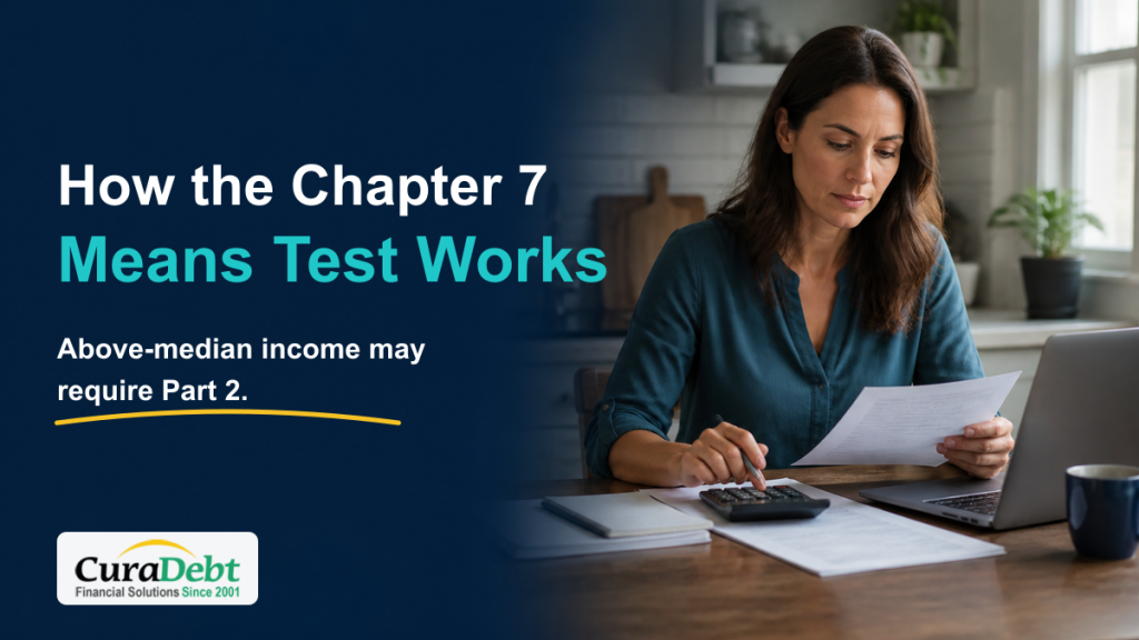 Woman reviewing household income and expense papers beside a calculator and laptop. Text reads: How the Chapter 7 Means Test Works. Above-median income may require Part 2. CuraDebt logo.