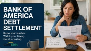 Consumer reviewing a credit card statement, calculator and three-step settlement-planning checklist.